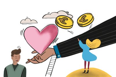 Immagine concettuale di leadership gentile con cuore e monete