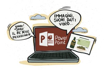Laptop con schermata di PowerPoint e fumetti su presentazioni