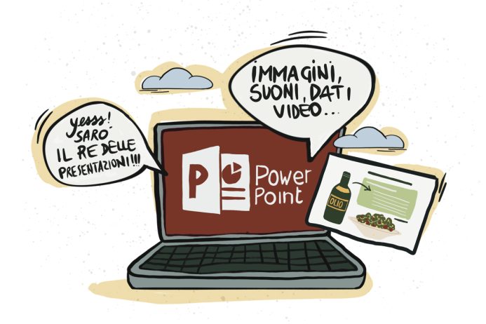 Laptop con schermata di PowerPoint e fumetti su presentazioni
