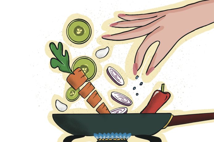 Immagine astratta rappresentante ingredienti in una padella, simbolo di collaborazione culinaria