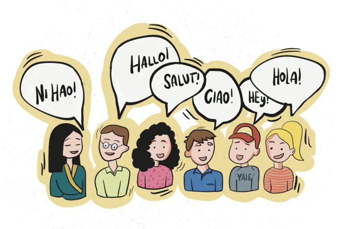 Gruppo di persone che parlano in diverse lingue, rappresentando l'importanza dell'apprendimento linguistico