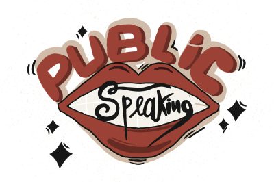 Grafica del Public Speaking con illustrazione di una bocca e scritta.