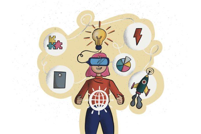 Persona con elementi di gioco rappresentati attorno, simbolizzando la gamification in azienda