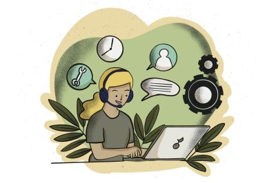 Operatore del customer service al computer con simboli di comunicazione e supporto.