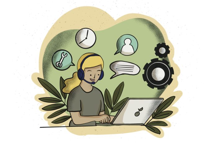 Operatore del customer service al computer con simboli di comunicazione e supporto.
